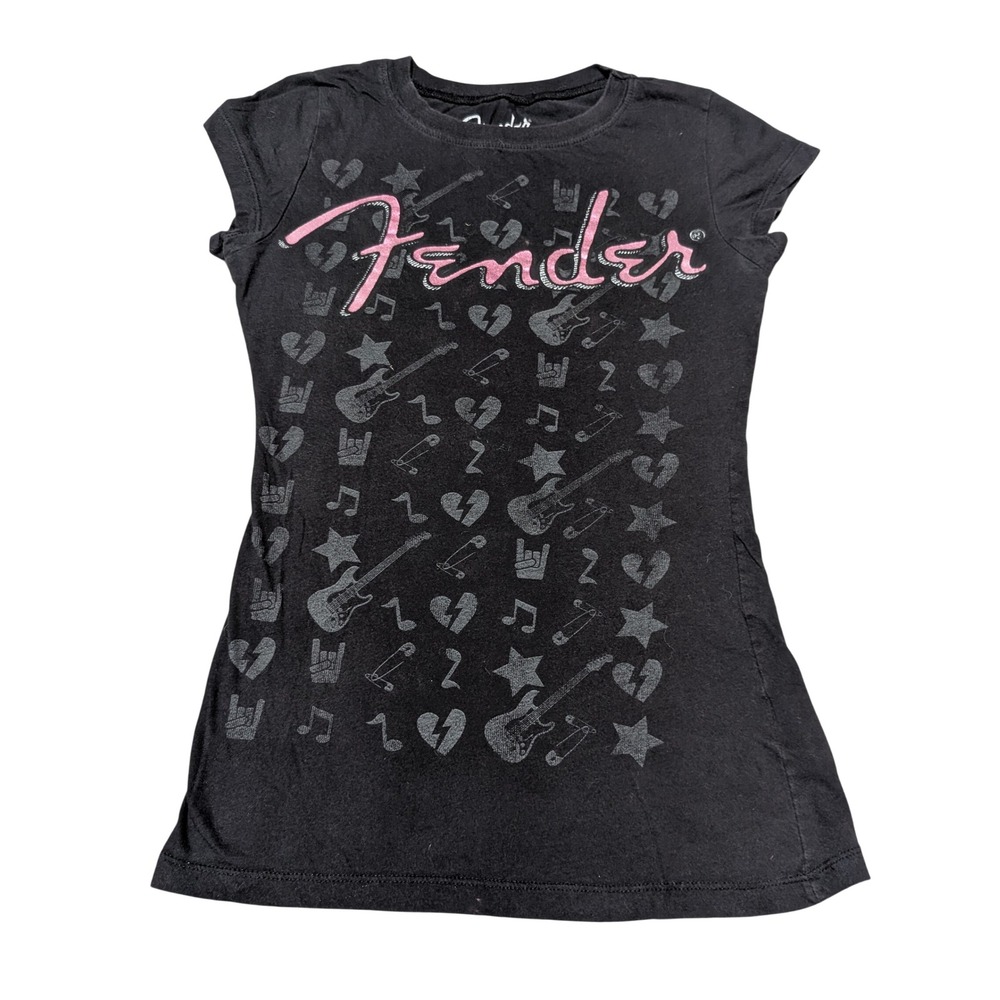 Fender T-Shirt Womens M Black Pink Logo Guitar Graphic Rocker Slim Cotton Tee
